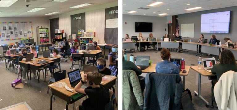Classroom of students at a Dublin City School using their laptops while learning from their teacher.