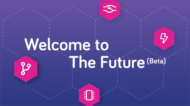 Futuristic pink and purple graphic with text: Welcome to The Future (Beta)